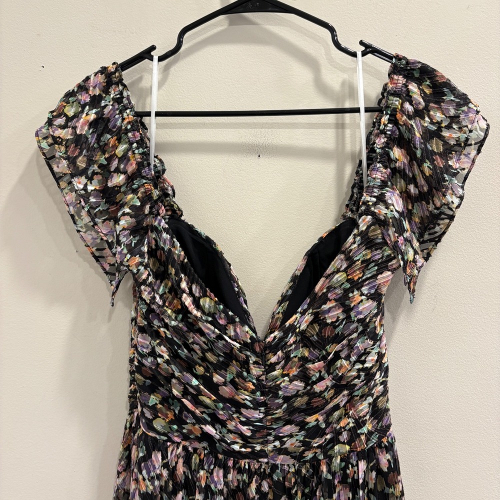 Jenny Yoo Naia Floral Burnout Silk Blend Off Shoulder Maxi Dress Black Multi 12 - Picture 9 of 12